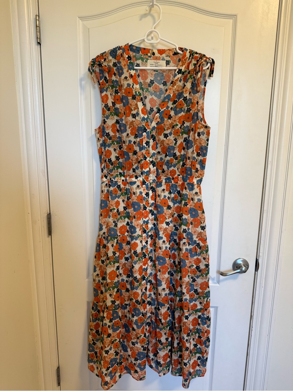 Trovata Sleeveless Floral Midi Shirt Dress in Orange, Blue & Cream
